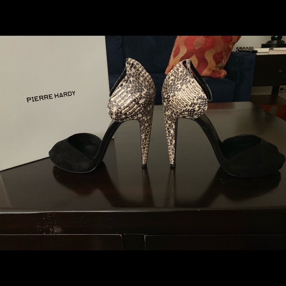 Pierre Hardy Suede snakeskin peep-toe pumps